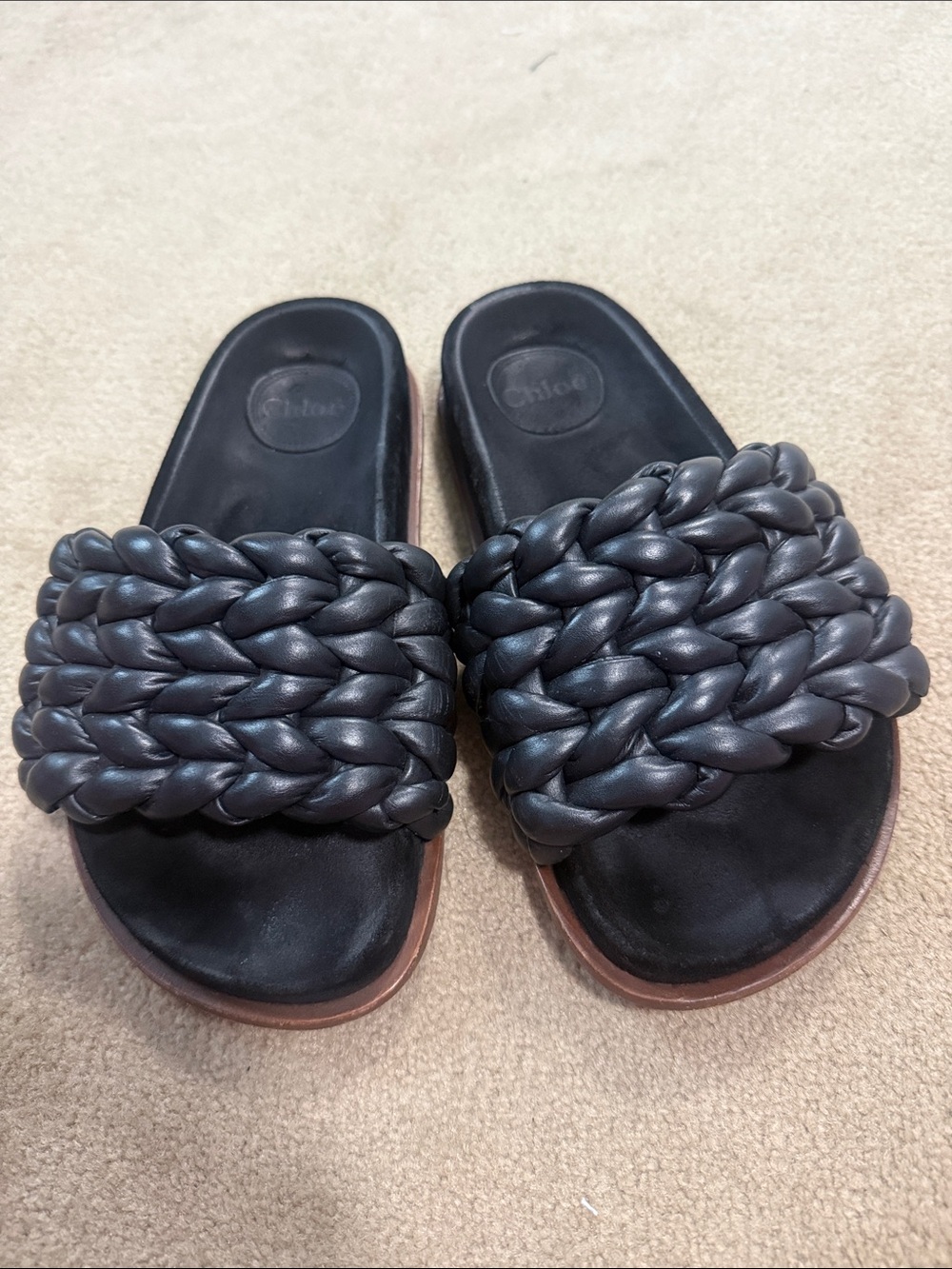 Chloe Black Braided Leather Slide Mules